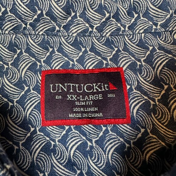 UnTUCKit 100% Linen Waves Print Blue White Button Down Short Sleeve Sz XX-Large - Picture 2 of 5